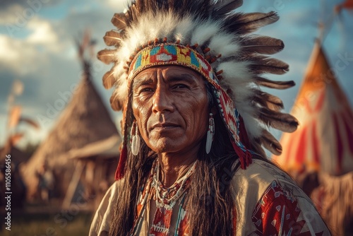 Native american chief wearing traditional headdress posing in a village