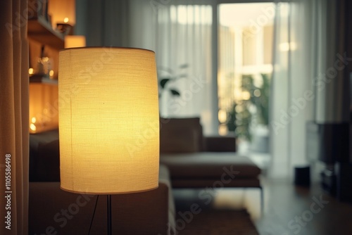 A warmly lit living room scene with an inviting atmosphere, featuring a focus on a cozy lampshade amidst elegant modern furniture in the background. photo