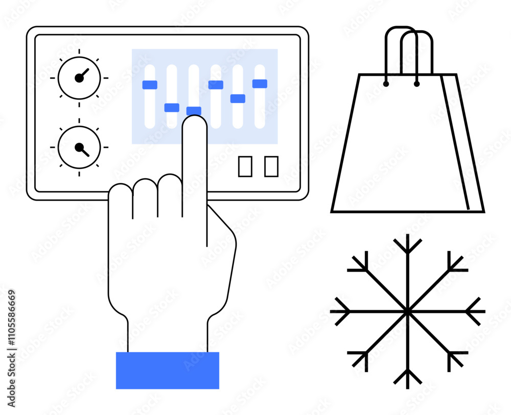 Hand adjusting controls on a digital device panel featuring sliders and dials, adjacent to a shopping bag and snowflake. Ideal for digital interfaces, online shopping, retail, winter sales, holiday Hand adjusting controls on a digital device panel featuring sliders and dials, adjacent to a shopping bag and snowflake. Ideal for digital interfaces, online shopping, retail, winter sales, holiday