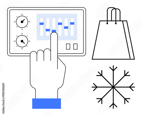 Hand adjusting controls on a digital device panel featuring sliders and dials, adjacent to a shopping bag and snowflake. Ideal for digital interfaces, online shopping, retail, winter sales, holiday