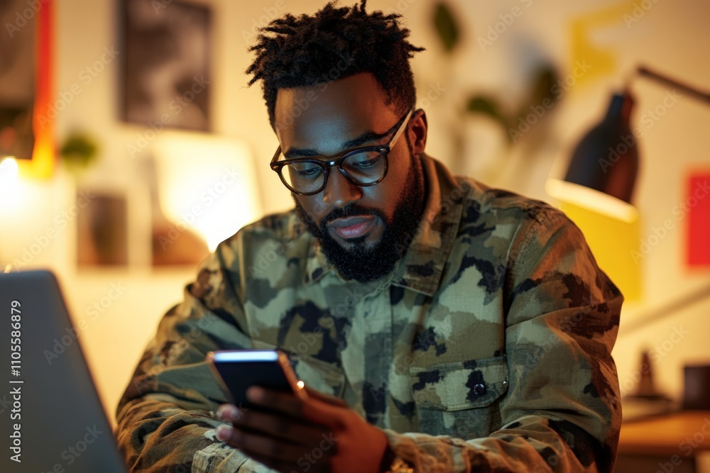 Fototapeta premium A bearded man wearing a camouflage jacket and glasses intently uses his smartphone, symbolizing focus and modern communication in a well-lit room.