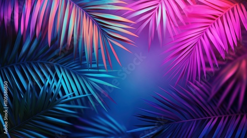 Neon gradient tropical palm leaves create vibrant colors. Stylish leaves in holographic shades. Perfect for modern design projects. Nature background with bright colors. Ideal for summer party