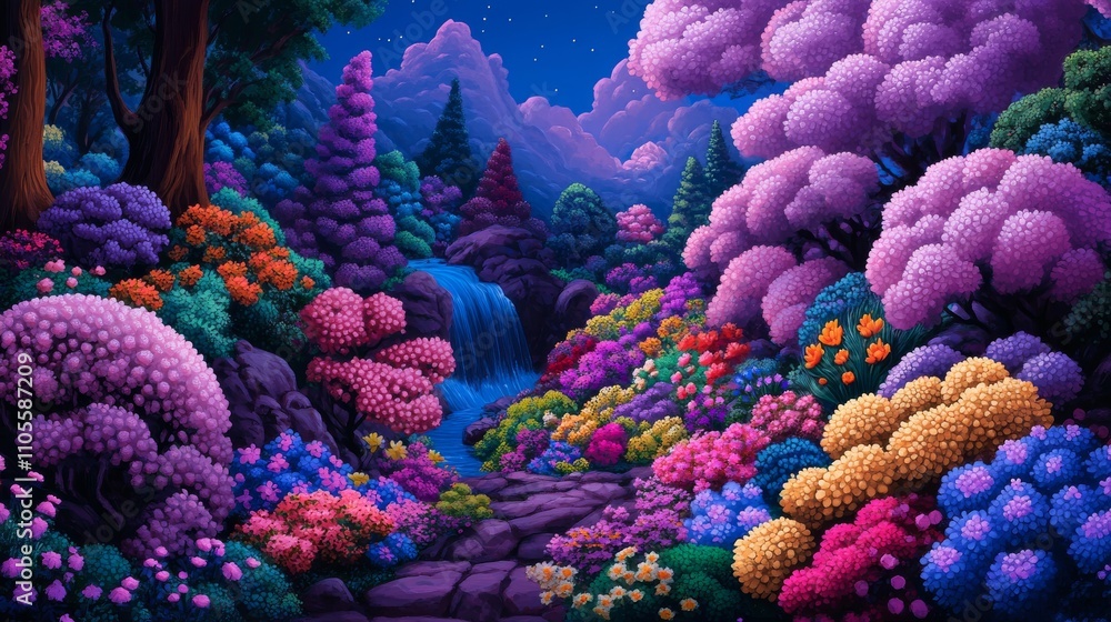 Obraz premium Enchanted Garden with Vibrant Multicolored Flowers and a Waterfall Under a Twilight Sky