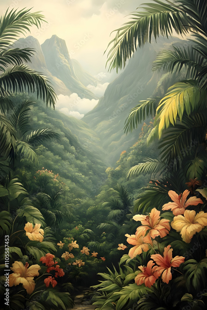 Fototapeta premium Lush Tropical Valley Illustration