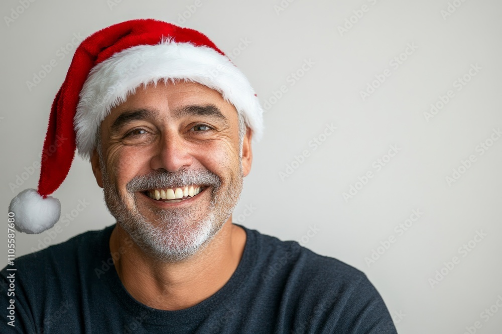 A joyful middle-aged man with a gray beard and Santa hat radiates happiness, capturing the essence and good cheer of the holiday festivities. A joyful middle-aged man with a gray beard and Santa hat radiates happiness, capturing the essence and good cheer of the holiday festivities.