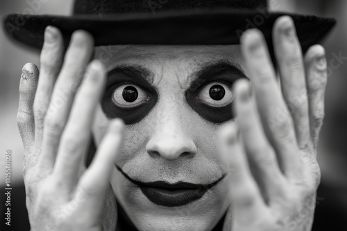 A dramatic, hypnotic portrait of a face in theatrical makeup, framed by a black hat. The striking design captivates viewers and evokes curiosity and mystery. photo