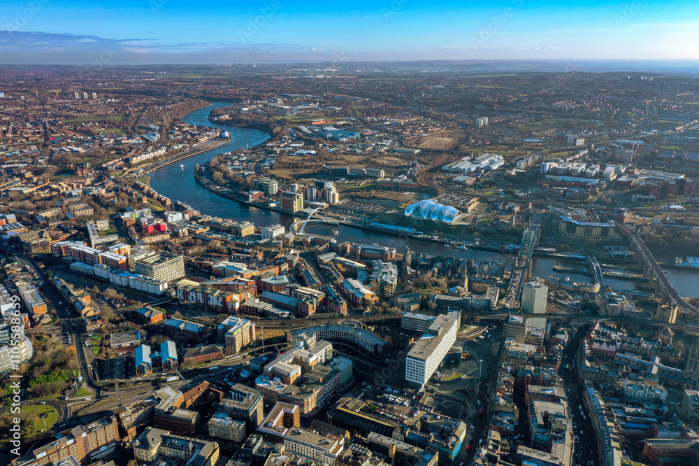 Breathtaking aerial view of Newcastle upon Tyne featuring the River Tyne, iconic bridges, and modern architecture, showcasing the vibrant blend of culture and history in the city Breathtaking aerial view of Newcastle upon Tyne featuring the River Tyne, iconic bridges, and modern architecture, showcasing the vibrant blend of culture and history in the city