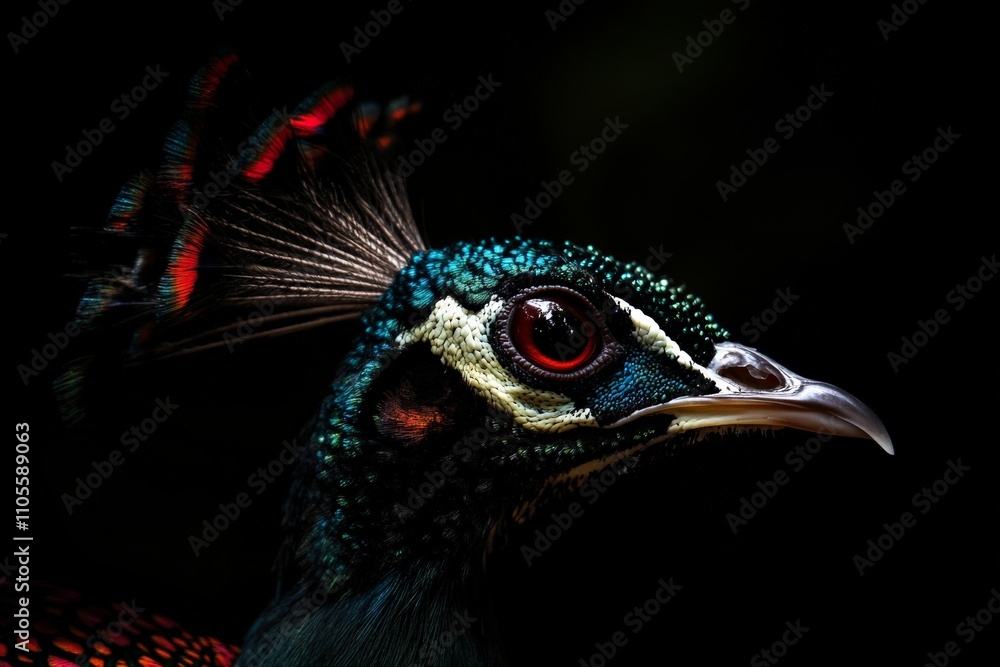 Obraz premium A captivating headshot of a peafowl emphasizing its rich colors and detailed feather patterns, against a shadowy background, symbolizing allure and mystery.