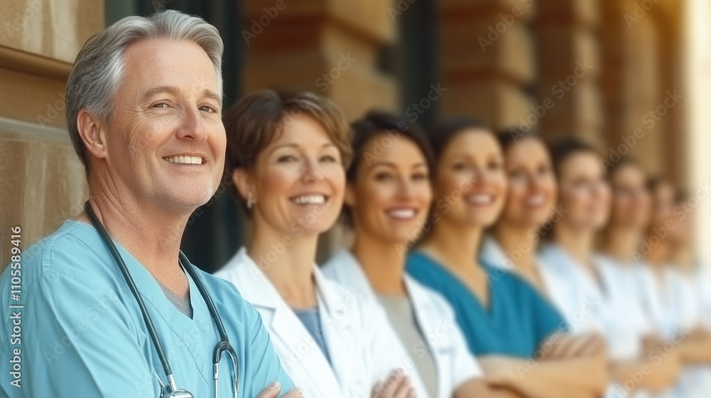 A group of smiling people wearing white coats, one of whom is a doctor A group of smiling people wearing white coats, one of whom is a doctor
