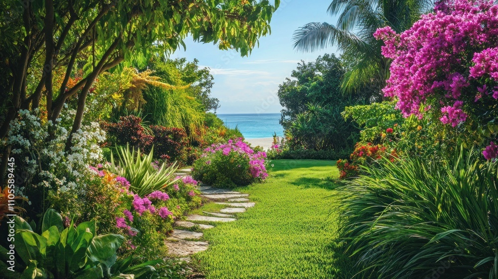 Obraz premium Lovely green garden by the sea with bush flowers and neatly trimmed hedges background wallpaper AI generated image