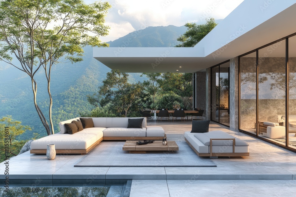 Fototapeta premium Modern infinity pool overlooking stunning mountain view in luxury villa