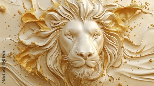 Elegant 3D relief lion head design. Creamy beige lion head sculpture with golden splashes. High quality wallpaper mural decor. Sophisticated design with golden accents for luxury ambiance. Art deco photo