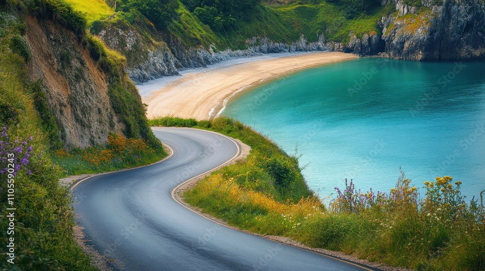 The asphalt road that winds around the cliffs offers stunning views of the secluded beach below background wallpaper AI generated image The asphalt road that winds around the cliffs offers stunning views of the secluded beach below background wallpaper AI generated image