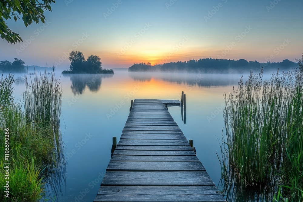Fototapeta premium Wooden pier over a calm lake at sunset
