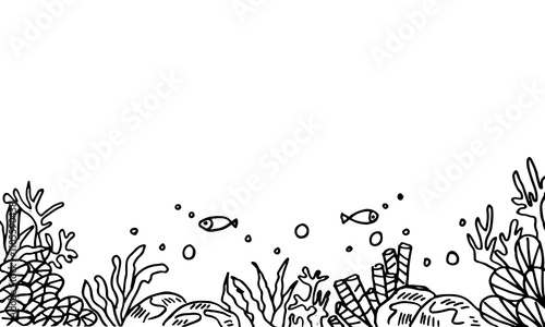 Cartoon doodle hand-drawn of an underwater sea scene, fish and coral reef.