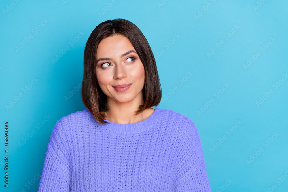 Fototapeta premium Portrait of attractive cheerful bewildered girl deciding copy empty space isolated over bright blue color background