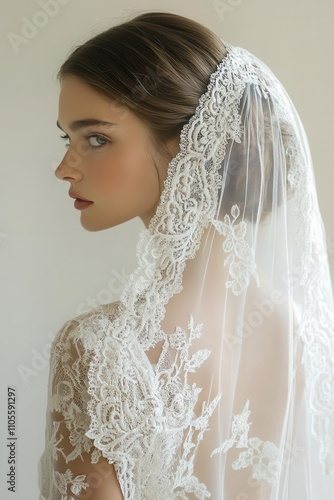 Lace-trimmed bridal veil cascading over the bride s shoulders focus on, detailed theme, realistic, Silhouette, bridal dressing room backdrop photo