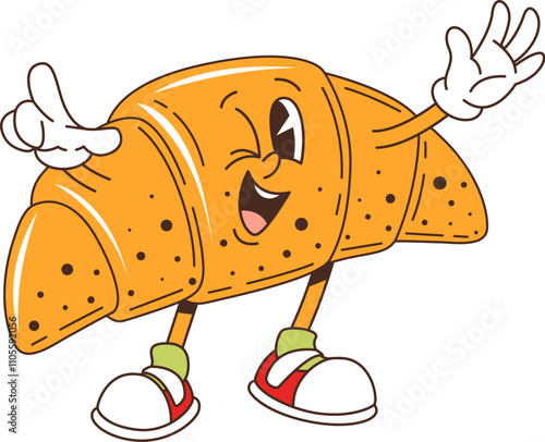 Cartoon retro groovy croissant character with funny face, vector pastry emoji. Groovy croissant with happy smile and funky winking for breakfast dessert or bakery pastry sweets cartoon character