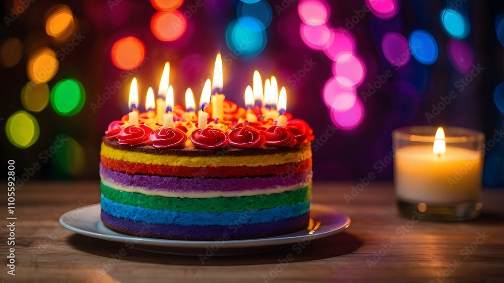 Happy valentines day vibrant love rainbow lgbt pride cream cake on luminous bokeh light candle, lgbtq equality romantic valentine bonding connection special multicolour dessert Happy valentines day vibrant love rainbow lgbt pride cream cake on luminous bokeh light candle, lgbtq equality romantic valentine bonding connection special multicolour dessert