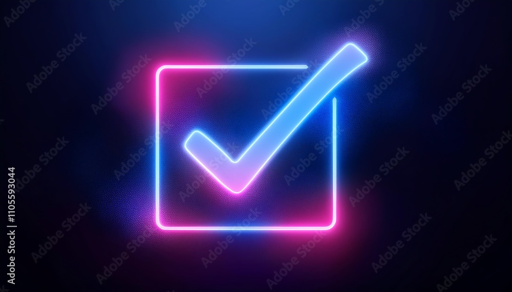 A glowing neon checkmark inside a square outline, illuminated with vibrant blue and pink colors against a dark background, symbolizing approval or completion. A glowing neon checkmark inside a square outline, illuminated with vibrant blue and pink colors against a dark background, symbolizing approval or completion.