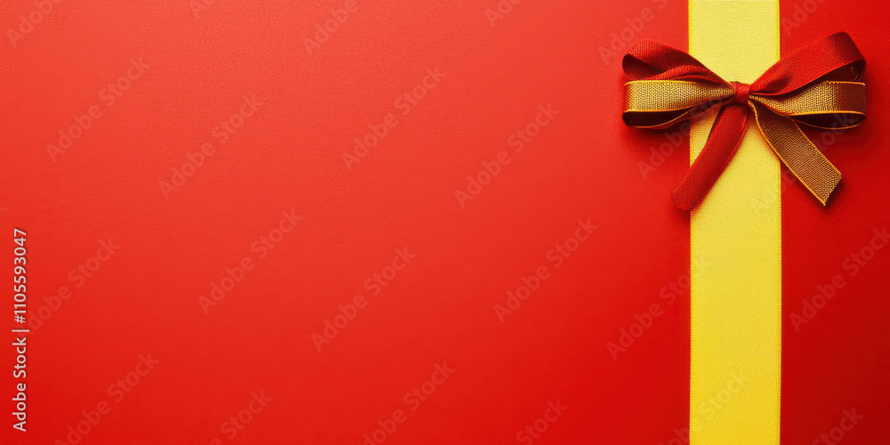 Bright red gift wrap with yellow ribbon and decorative bow Bright red gift wrap with yellow ribbon and decorative bow