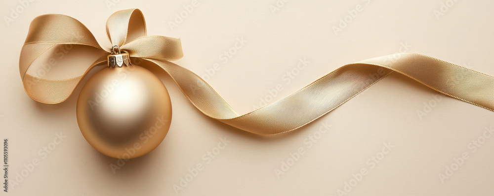 Elegant gold Christmas ornament with ribbon on soft background Elegant gold Christmas ornament with ribbon on soft background