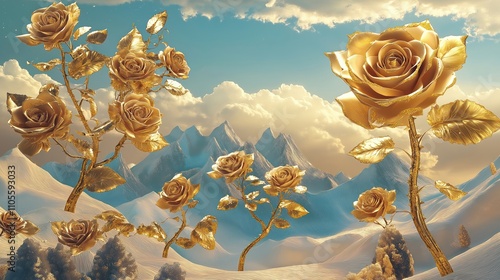Majestic golden roses grow on trees in snowy mountain landscape. Beautiful 3D mural wallpaper design. Gold-leafed roses with intricate details on branches, leaves. Calm sky with clouds. Snowy