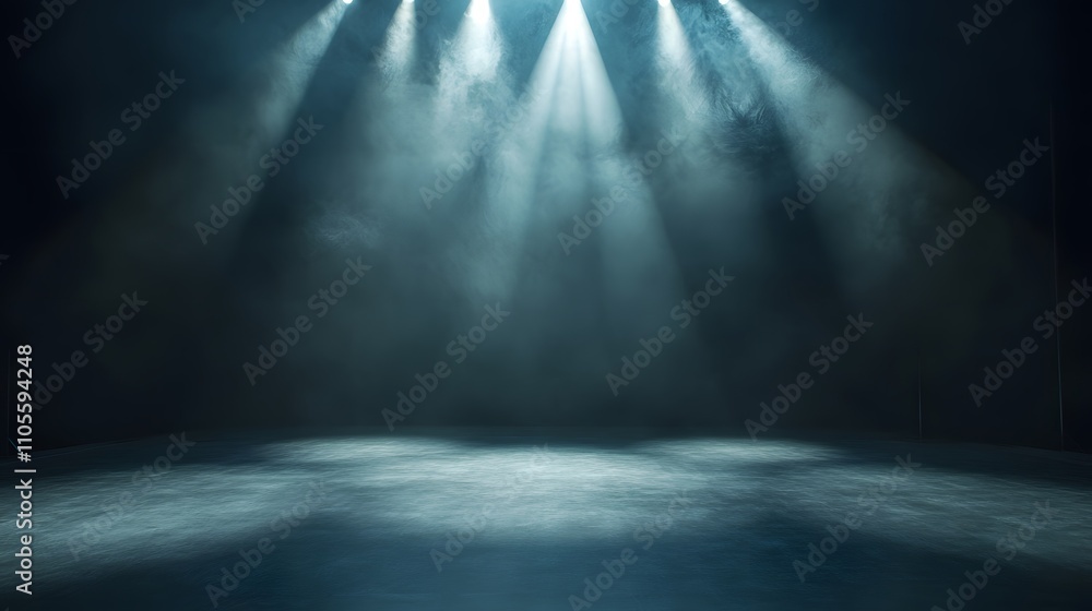 Obraz premium Three Stage Lights Illuminate Smoky Dark Stage