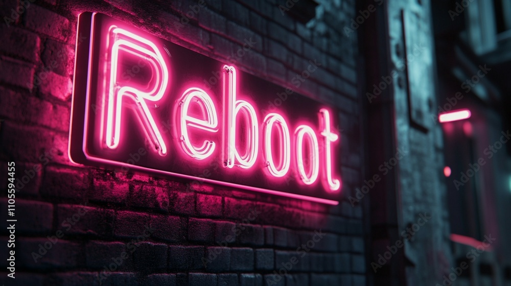 Neon-lit Reboot sign, bold and minimal, with ample copy space, dark background Neon-lit Reboot sign, bold and minimal, with ample copy space, dark background