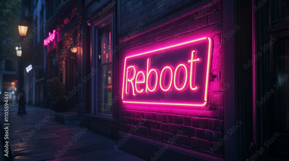 Neon-lit Reboot sign, bold and minimal, with ample copy space, dark background Neon-lit Reboot sign, bold and minimal, with ample copy space, dark background