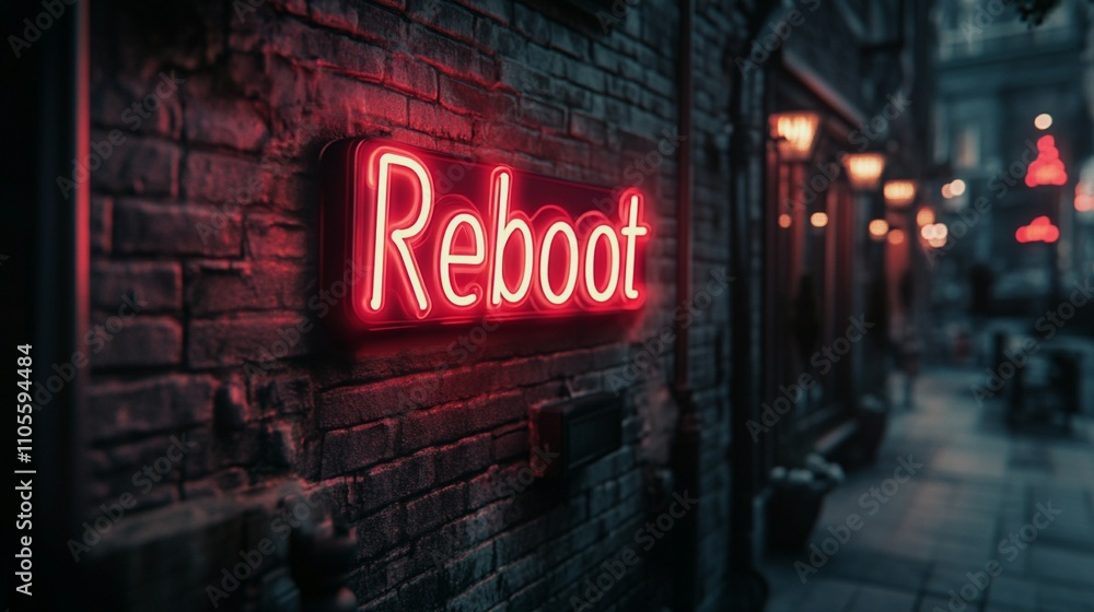 Neon-lit Reboot sign, bold and minimal, with ample copy space, dark background Neon-lit Reboot sign, bold and minimal, with ample copy space, dark background