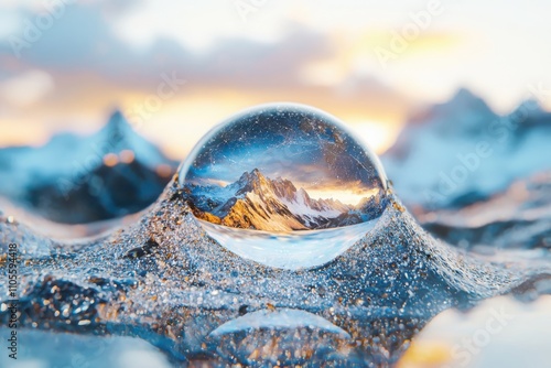 Refraction of macro water droplet landscape aerial view in scientific illustration style