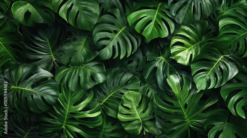 A lush arrangement of vibrant green Monstera leaves, creating a tropical ambiance full of life.