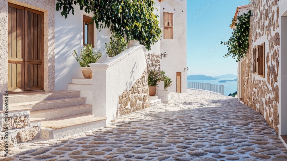 Fototapeta premium Exploring mediterranean coastal village architecture soft light intricate textures serenity coastal views architectural design