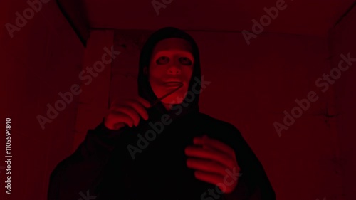 Lowkey medium portrait of mad Caucasian maniac taking off mask and licking sharp knife, passing it over face and neck, posing in abandoned room with flashing red light