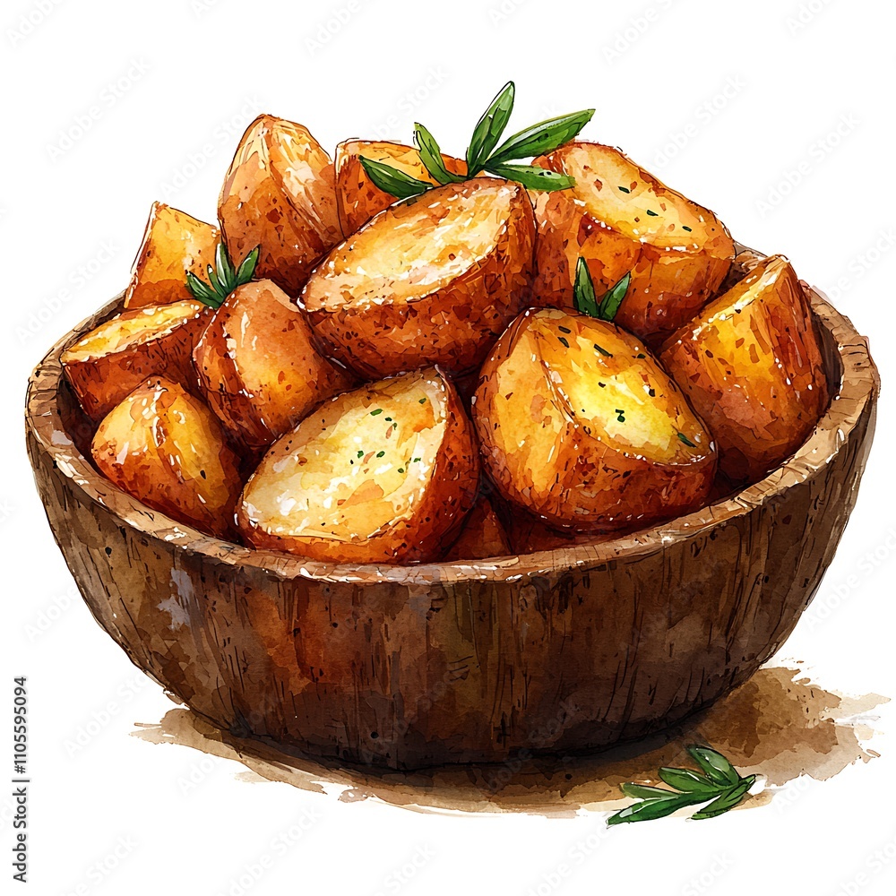 Watercolor Painting of Roasted Potatoes in a Wooden Bowl, Garnished with Fresh Herbs. Watercolor Painting of Roasted Potatoes in a Wooden Bowl, Garnished with Fresh Herbs.