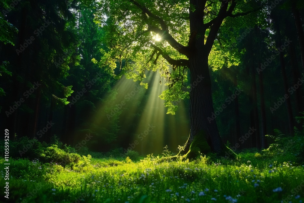Fototapeta premium Sunbeams Filtering Through Dense Forest Illuminating the Undergrowth