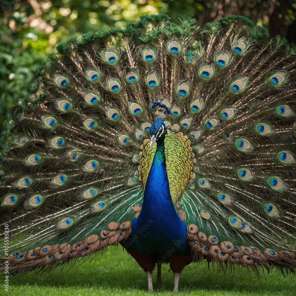 Obraz premium A vibrant peacock displaying its feathers in a lush green garden.