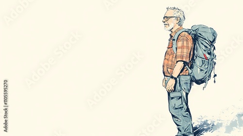 Elderly hikers with backpacks and sun hats taking a leisurely walk through a vineyard, surrounded by ripe grapevines and warm light