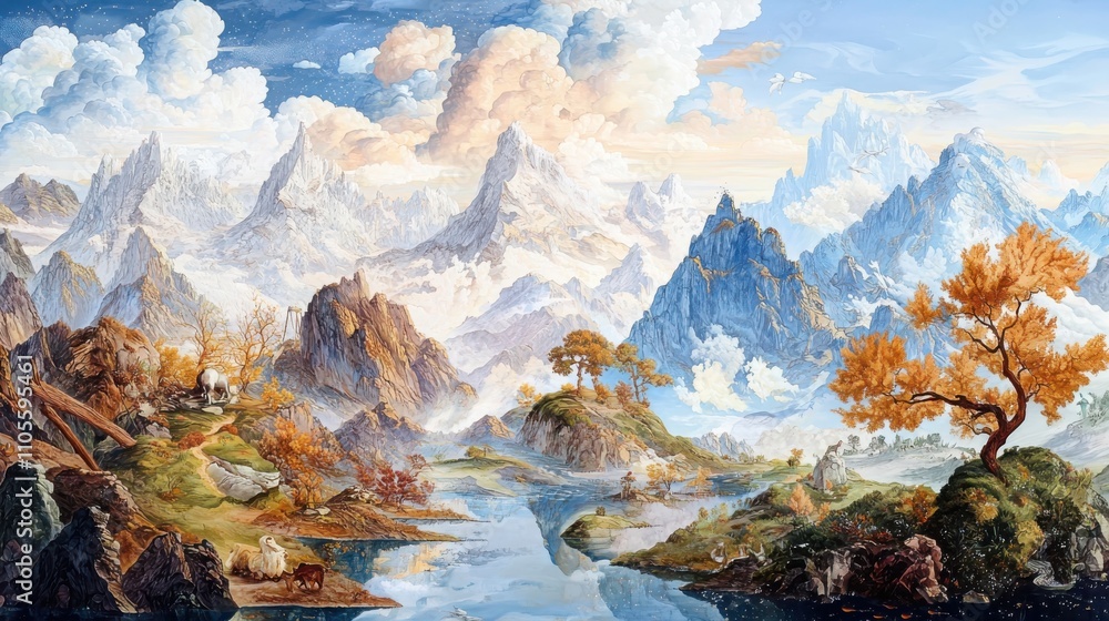 Exploring mythical realms persian miniature landscape art enchanting nature delicate colors aesthetic perspective fusion of culture Exploring mythical realms persian miniature landscape art enchanting nature delicate colors aesthetic perspective fusion of culture
