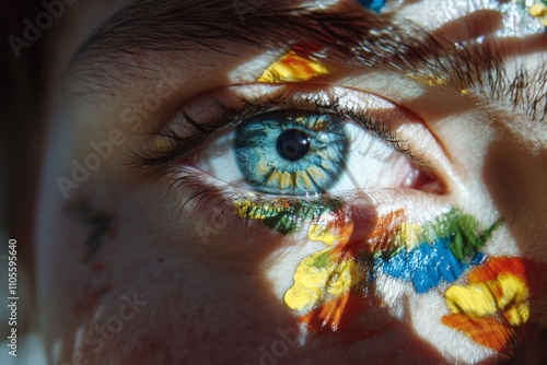 A detailed close-up of an eye embellished with intricate color patterns and textures, reflecting creativity, vision, and the artistic depth of human perception. photo