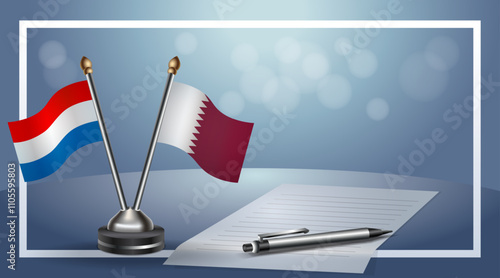 Netherlands and Qatar Small national flag on bokeh background, cooperative relationship