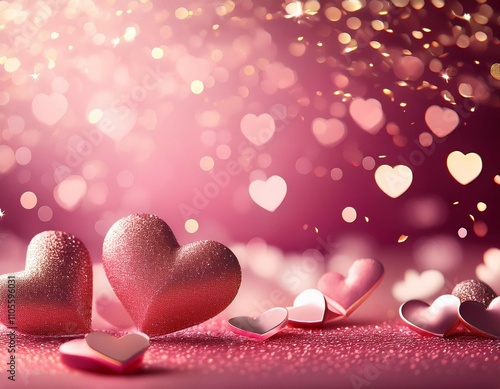 valentine s day banner heart confetti and glitter on pink abstract background bokeh light photo