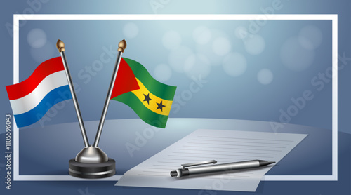Netherlands and Sao Tome and Principe Small national flag on bokeh background, cooperative relationship