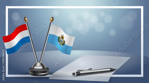 Netherlands and San Marino Small national flag on bokeh background, cooperative relationship
