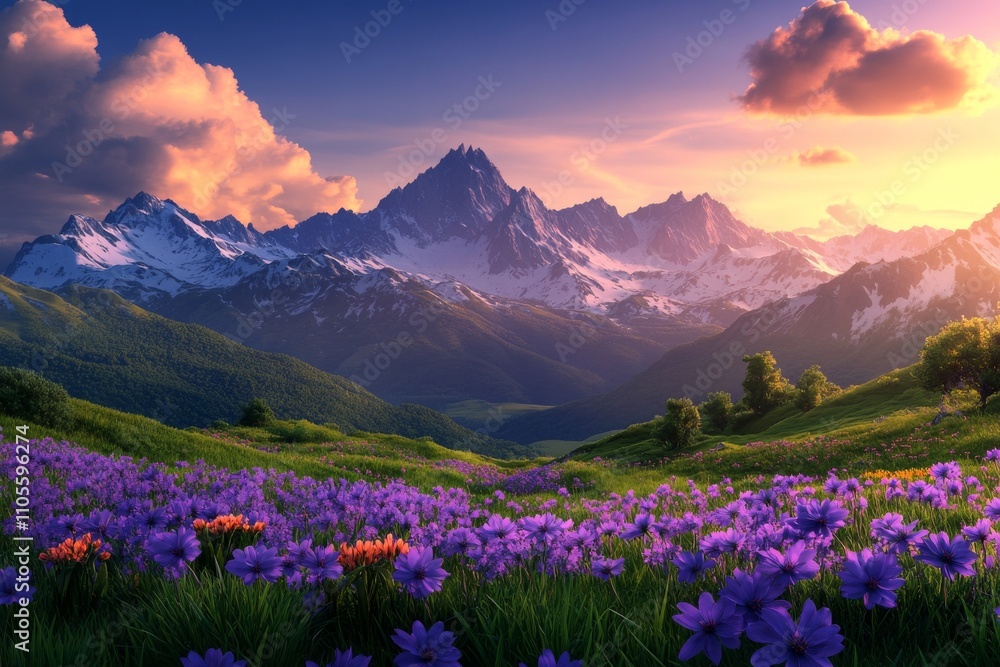 Breathtaking Mountain Landscape with Vibrant Purple Wildflowers at Sunset Breathtaking Mountain Landscape with Vibrant Purple Wildflowers at Sunset