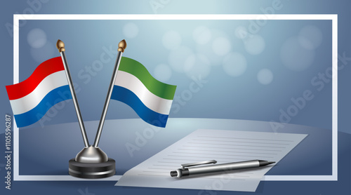 Netherlands and Sierra Leone Small national flag on bokeh background, cooperative relationship