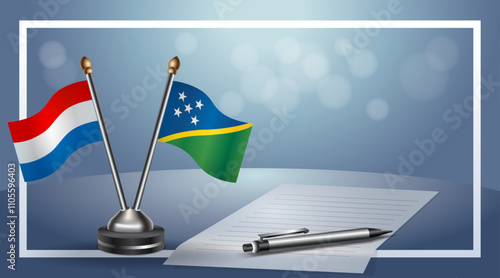 Netherlands and Solomon Islands Small national flag on bokeh background, cooperative relationship