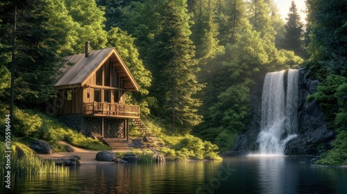 Wallpaper Mural Luxurious comfortable minimalist house cabin with wood located in the green forest of a flowing waterfall background wallpaper AI generated image Torontodigital.ca