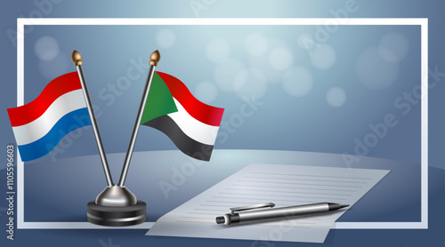 Netherlands and Sudan Small national flag on bokeh background, cooperative relationship